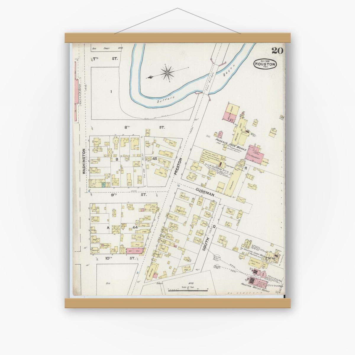 Old map wall art mockup — magnetic wood frame on white wall — Sanborn Fire Insurance Map from Houston, Harris County, Texas (1890), Sheet #0020