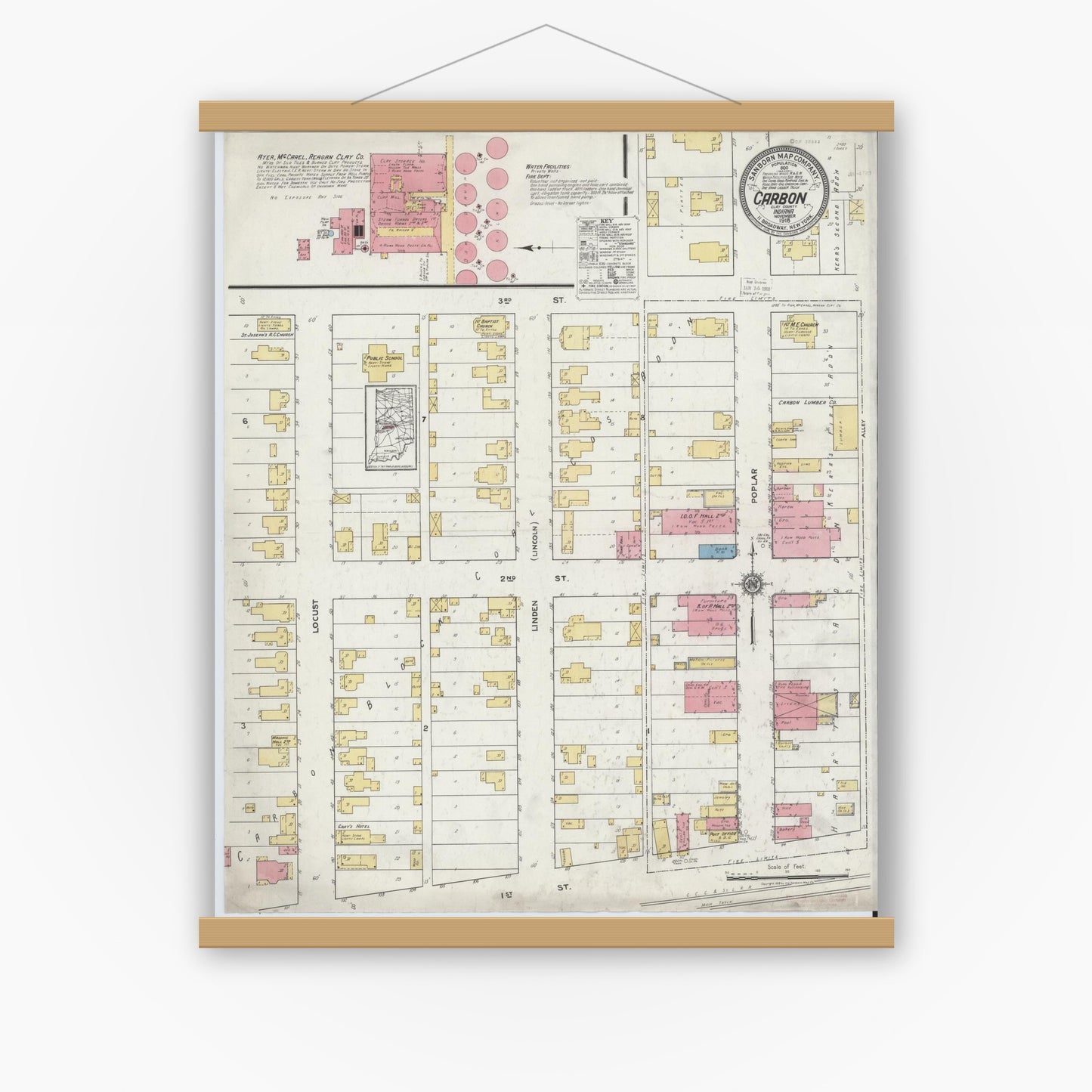 Old map wall art mockup — magnetic wood frame on white wall — Sanborn Fire Insurance Map from Carbon, Clay County, Indiana (1918), Sheet #0001