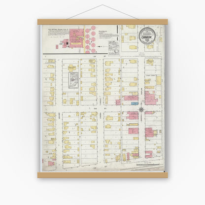 Old map wall art mockup — magnetic wood frame on white wall — Sanborn Fire Insurance Map from Carbon, Clay County, Indiana (1918), Sheet #0001