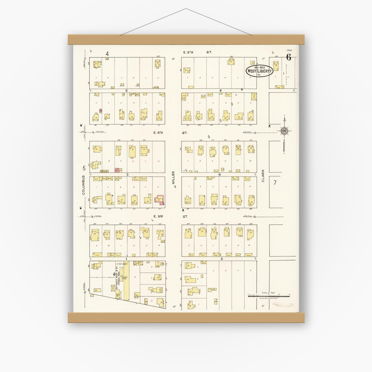Old map wall art mockup — magnetic wood frame on white wall — Sanborn Fire Insurance Map from West Liberty, Muscatine County, Iowa (1922), Sheet #0006