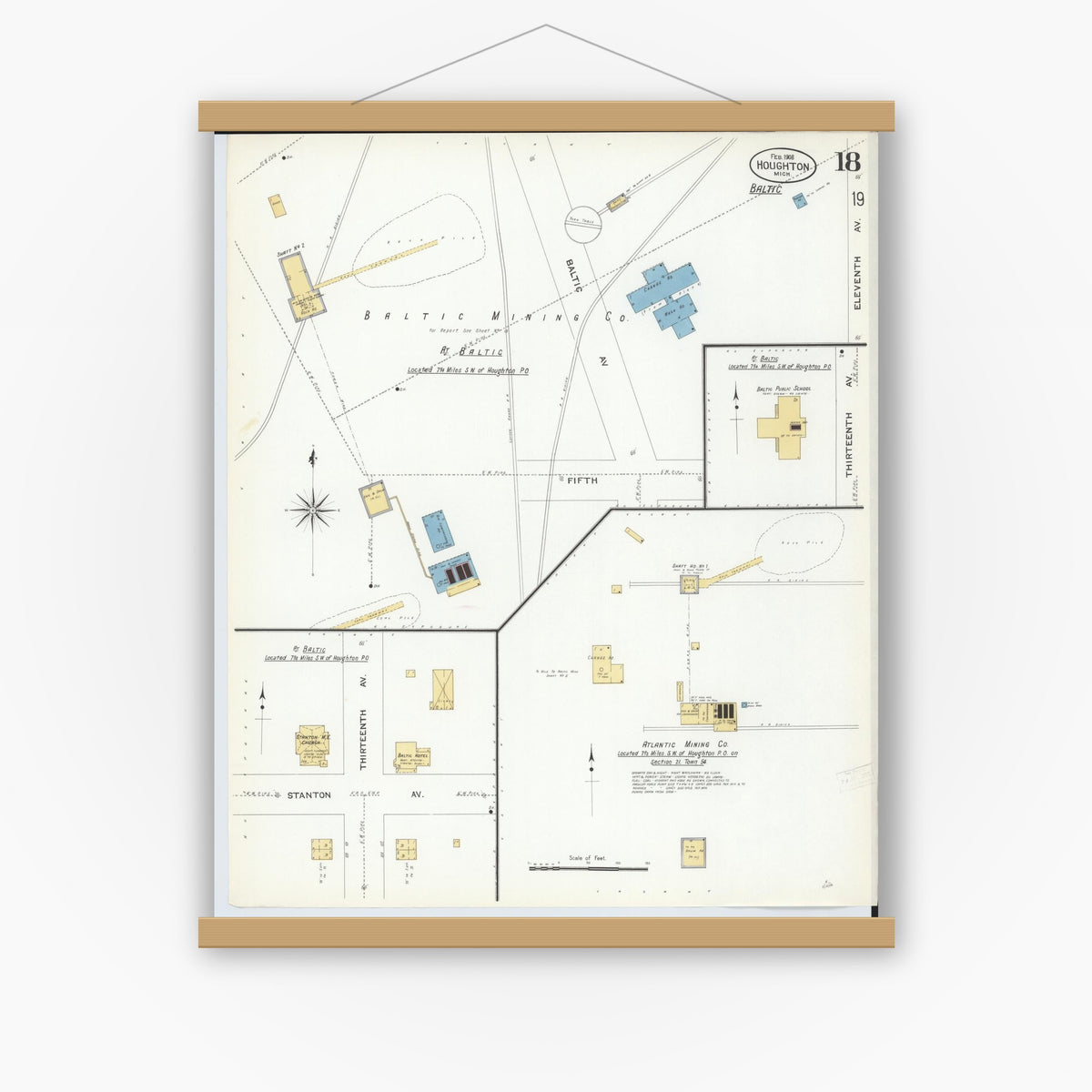 Old map wall art mockup — magnetic wood frame on white wall — Sanborn Fire Insurance Map from Houghton, Houghton County, Michigan (1908), Sheet #0018