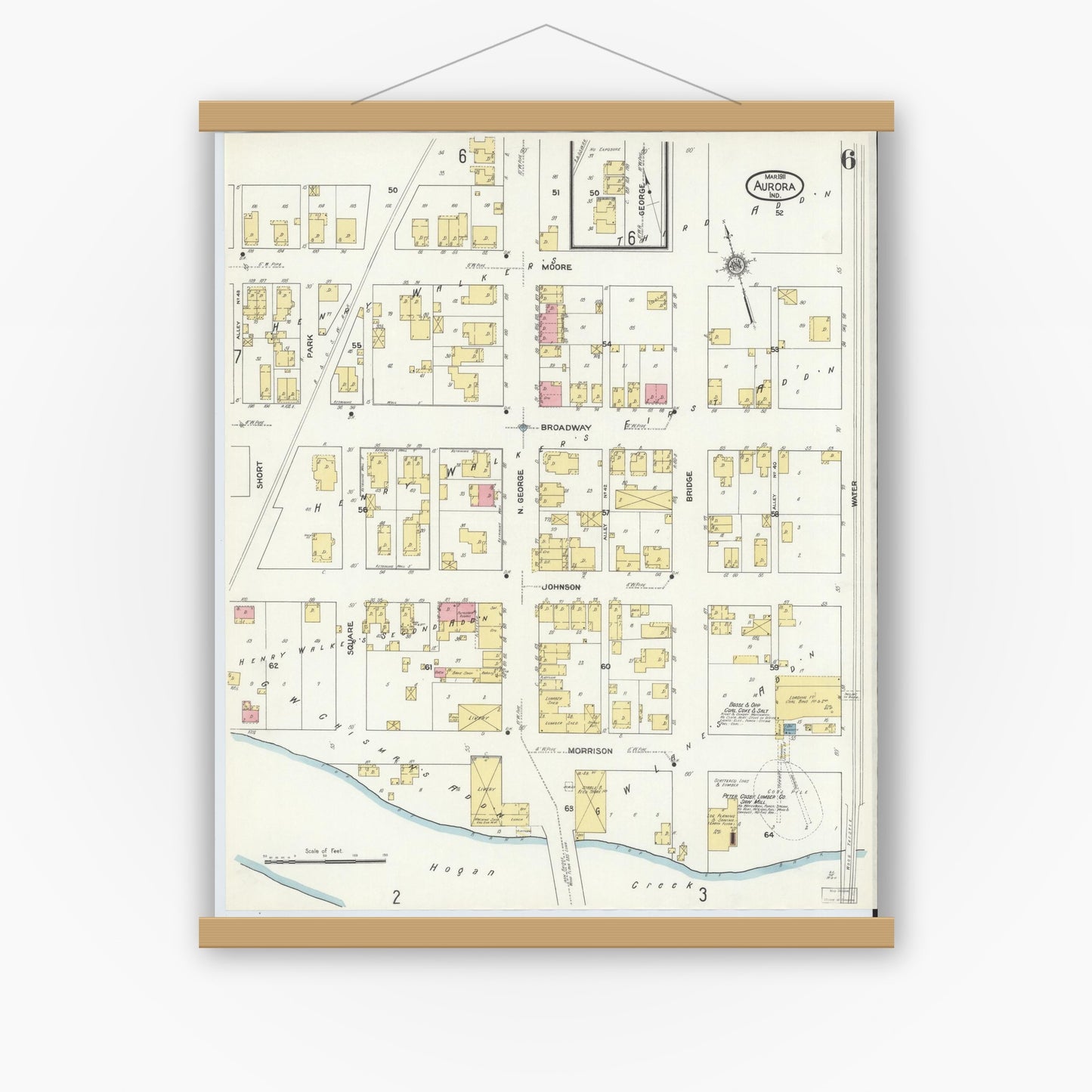 Old map wall art mockup — magnetic wood frame on white wall — Sanborn Fire Insurance Map from Aurora, Dearborn County, Indiana (1911), Sheet #0006