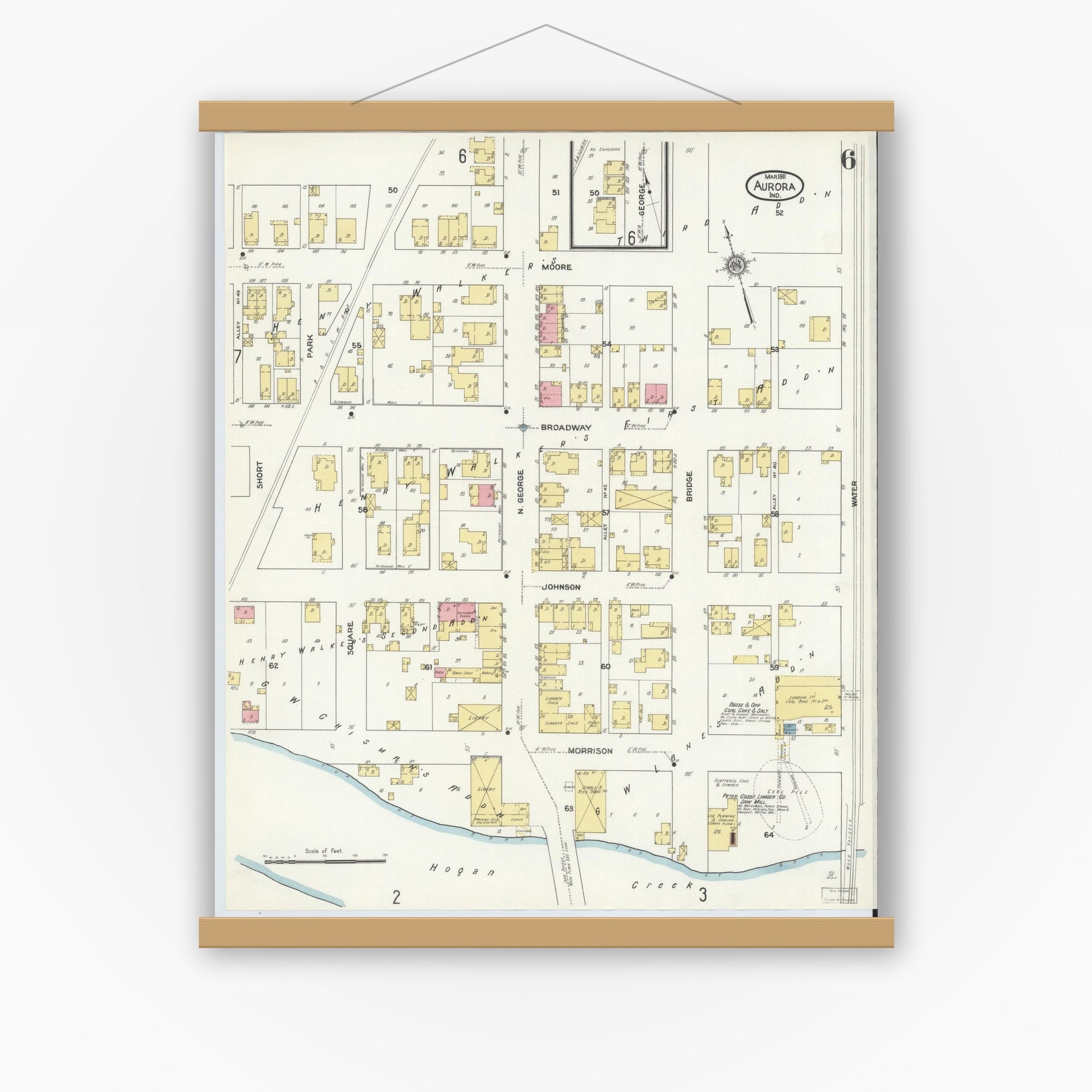 Old map wall art mockup — magnetic wood frame on white wall — Sanborn Fire Insurance Map from Aurora, Dearborn County, Indiana (1911), Sheet #0006