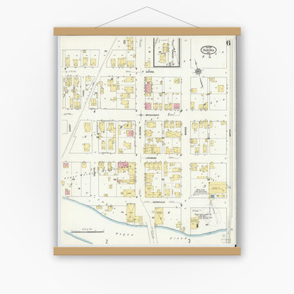 Old map wall art mockup — magnetic wood frame on white wall — Sanborn Fire Insurance Map from Aurora, Dearborn County, Indiana (1911), Sheet #0006