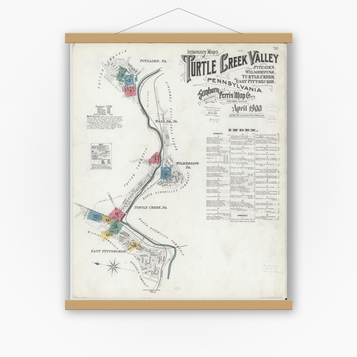 Old map wall art mockup — magnetic wood frame on white wall — Sanborn Fire Insurance Map from Turtle Creek Valley, Allegheny County, Pennsylvania (1900) - Complete Map Set