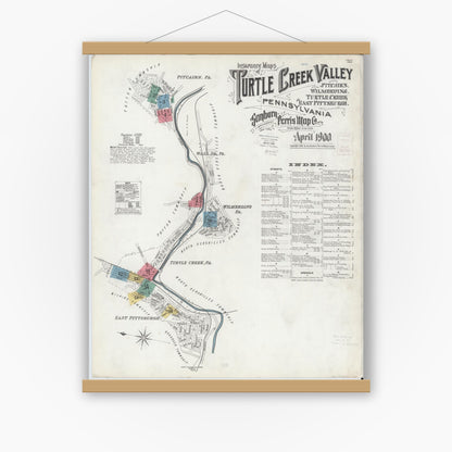 Old map wall art mockup — magnetic wood frame on white wall — Sanborn Fire Insurance Map from Turtle Creek Valley, Allegheny County, Pennsylvania (1900) - Complete Map Set