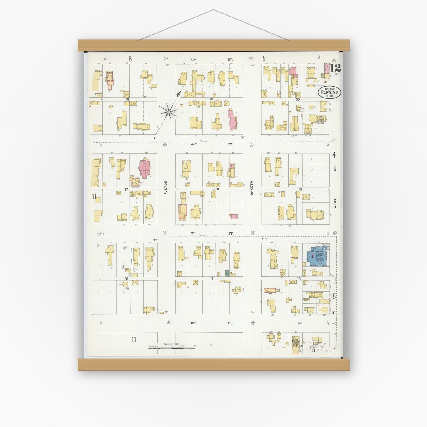 Old map wall art mockup — magnetic wood frame on white wall — Sanborn Fire Insurance Map from Red Wing, Goodhue County, Minnesota (1902), Sheet #0012