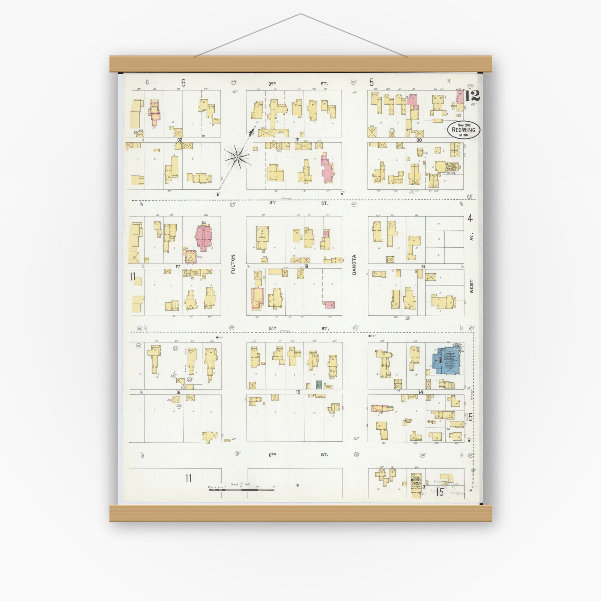 Old map wall art mockup — magnetic wood frame on white wall — Sanborn Fire Insurance Map from Red Wing, Goodhue County, Minnesota (1902), Sheet #0012