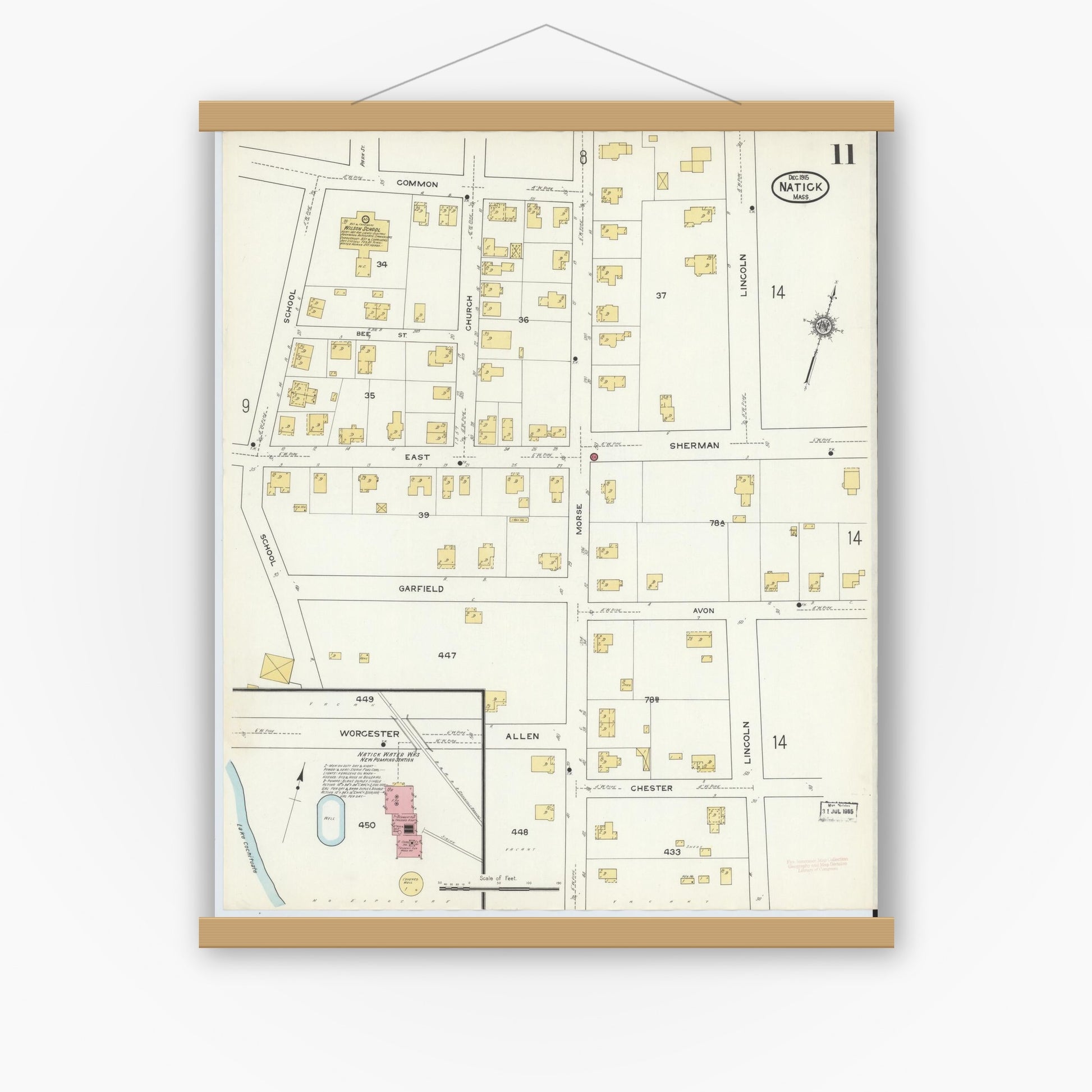 Old map wall art mockup — magnetic wood frame on white wall — Sanborn Fire Insurance Map from Natick, Middlesex County, Massachusetts (1915), Sheet #0011