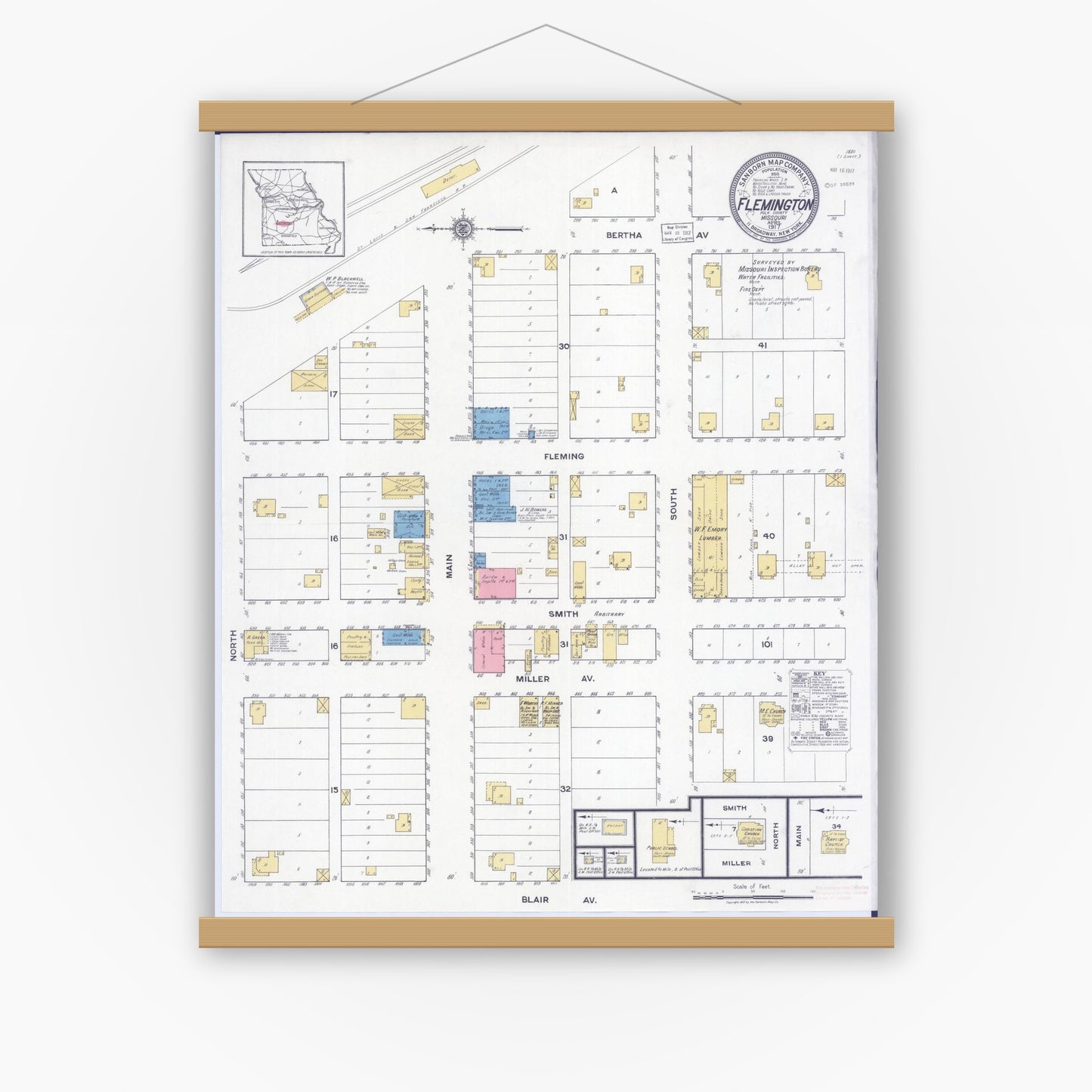 Old map wall art mockup — magnetic wood frame on white wall — Sanborn Fire Insurance Map from Flemington, Polk County, Missouri (1917), Sheet #0001
