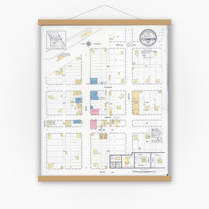 Old map wall art mockup — magnetic wood frame on white wall — Sanborn Fire Insurance Map from Flemington, Polk County, Missouri (1917), Sheet #0001