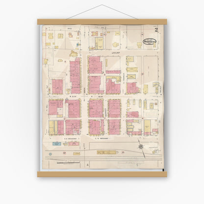 Old map wall art mockup — magnetic wood frame on white wall — Sanborn Fire Insurance Map from Winnsboro, Wood County, Texas (1943), Sheet #0002