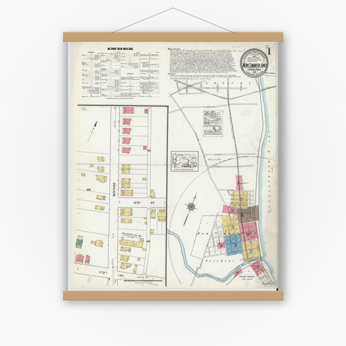 Old map wall art mockup — magnetic wood frame on white wall — Sanborn Fire Insurance Map from New Cumberland, Cumberland County, Pennsylvania (1921) - Complete Map Set