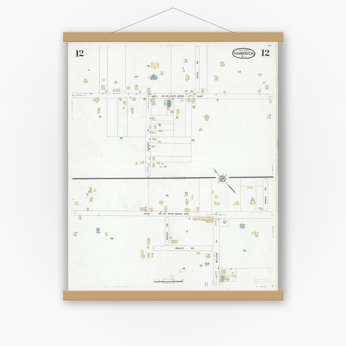 Old map wall art mockup — magnetic wood frame on white wall — Sanborn Fire Insurance Map from Hammonton, Atlantic County, New Jersey (1930), Sheet #0012