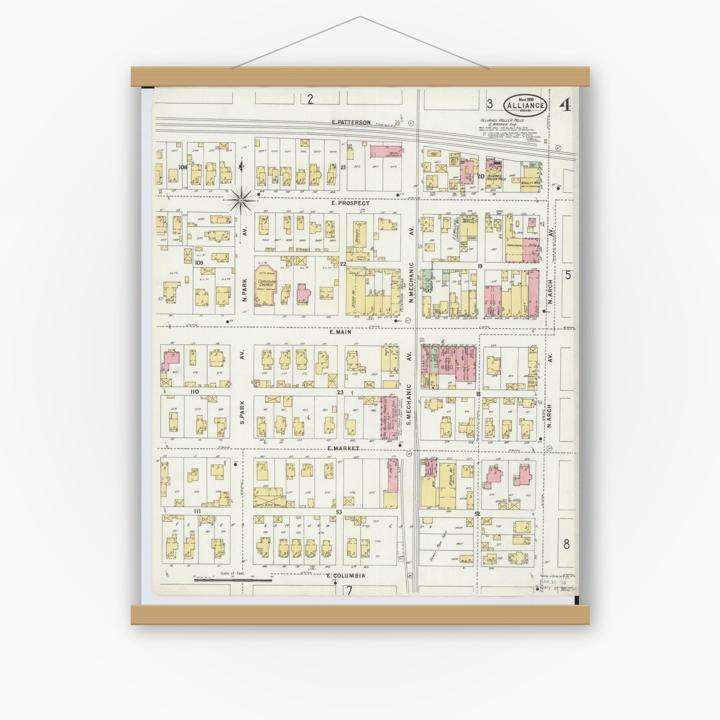 Old map wall art mockup — magnetic wood frame on white wall — Sanborn Fire Insurance Map from Alliance, Stark County, Ohio (1898), Sheet #0004