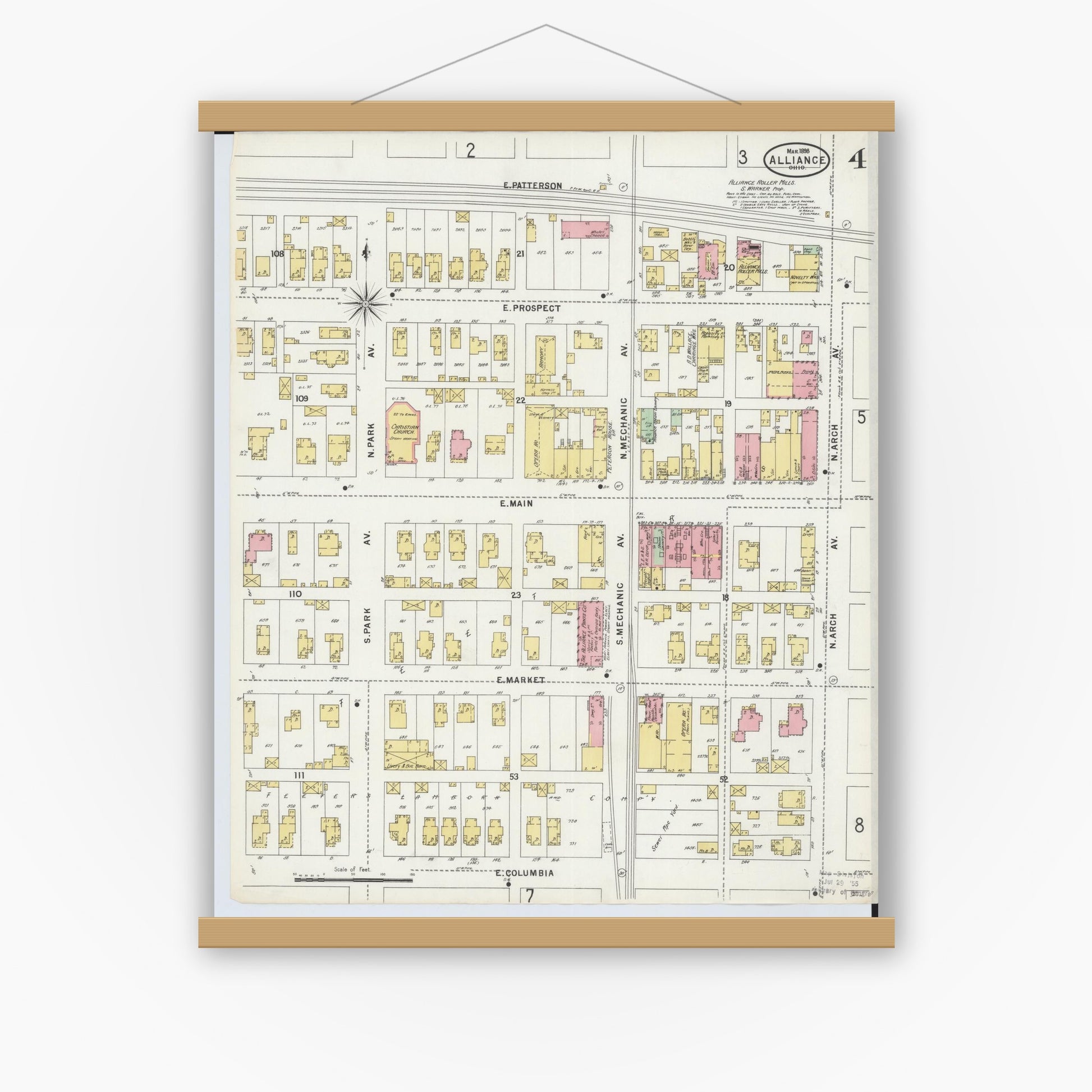 Old map wall art mockup — magnetic wood frame on white wall — Sanborn Fire Insurance Map from Alliance, Stark County, Ohio (1898), Sheet #0004