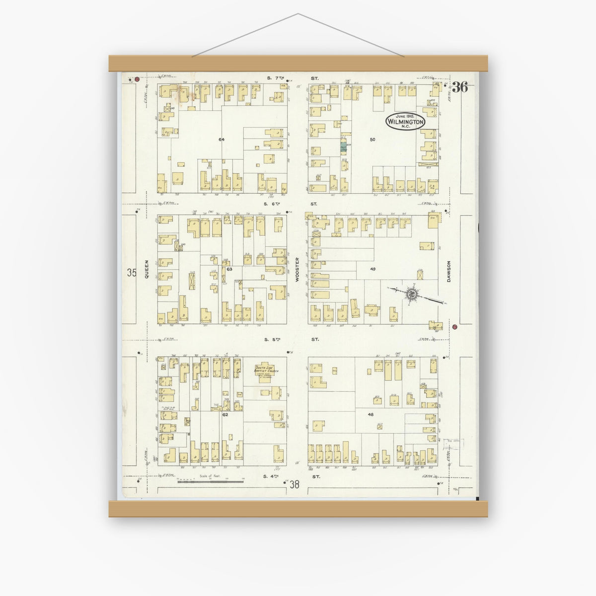 Old map wall art mockup — magnetic wood frame on white wall — Sanborn Fire Insurance Map from Wilmington, New Hanover County, North Carolina (1910), Sheet #0036