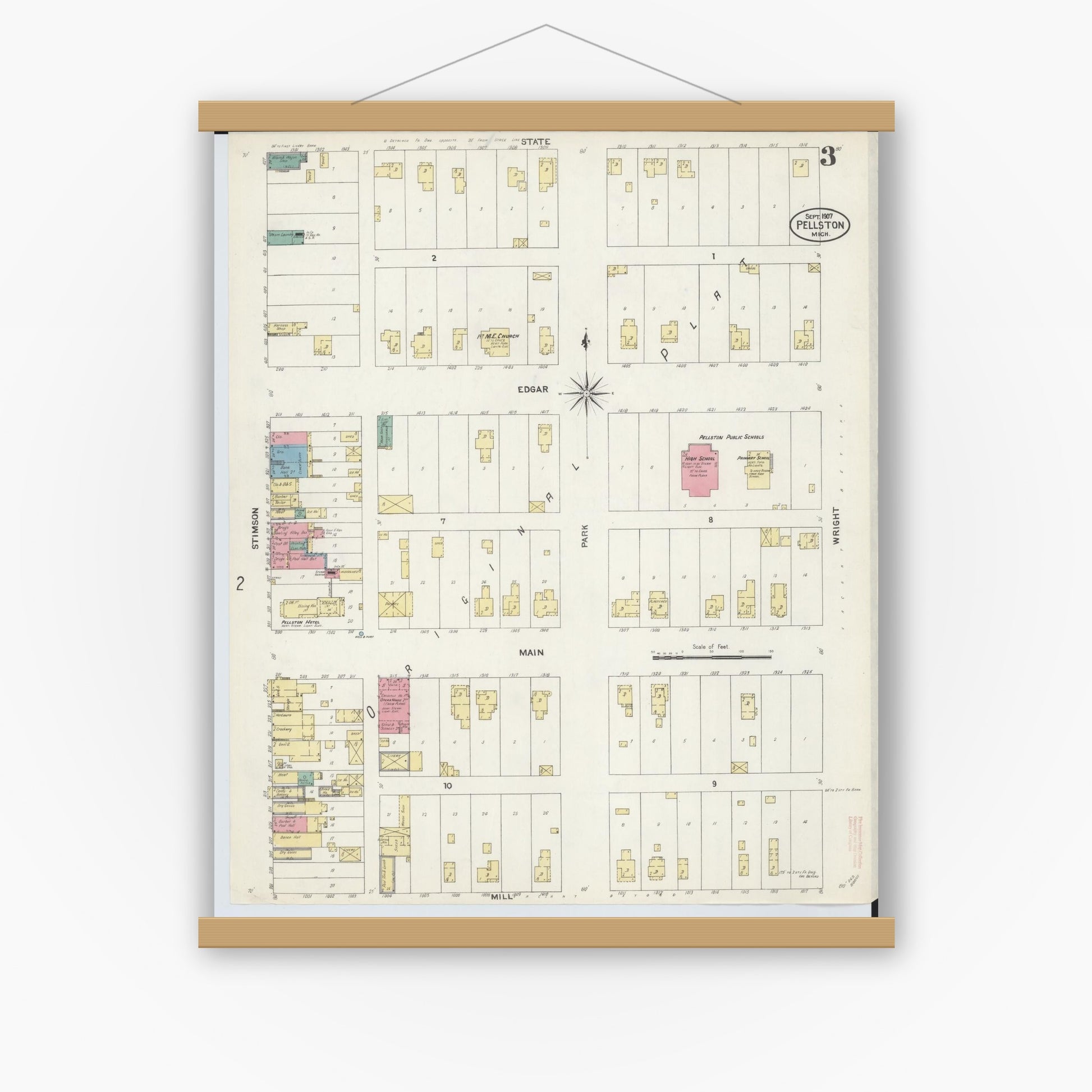 Old map wall art mockup — magnetic wood frame on white wall — Sanborn Fire Insurance Map from Pellston, Emmet County, Michigan (1907), Sheet #0003