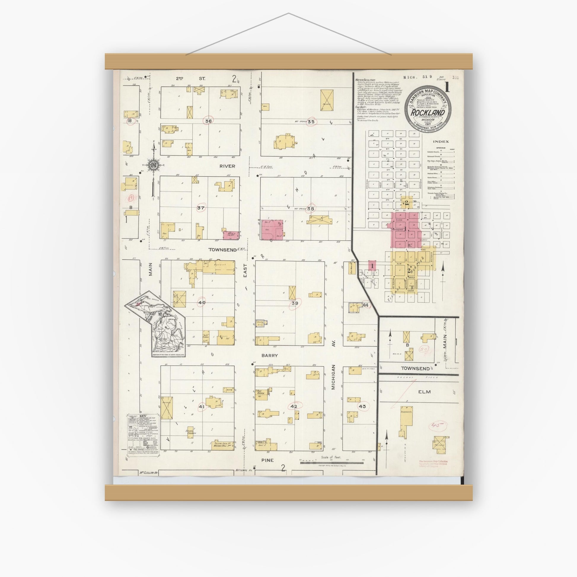 Old map wall art mockup — magnetic wood frame on white wall — Sanborn Fire Insurance Map from Rockland, Ontonagon County, Michigan (1917) - Complete Map Set
