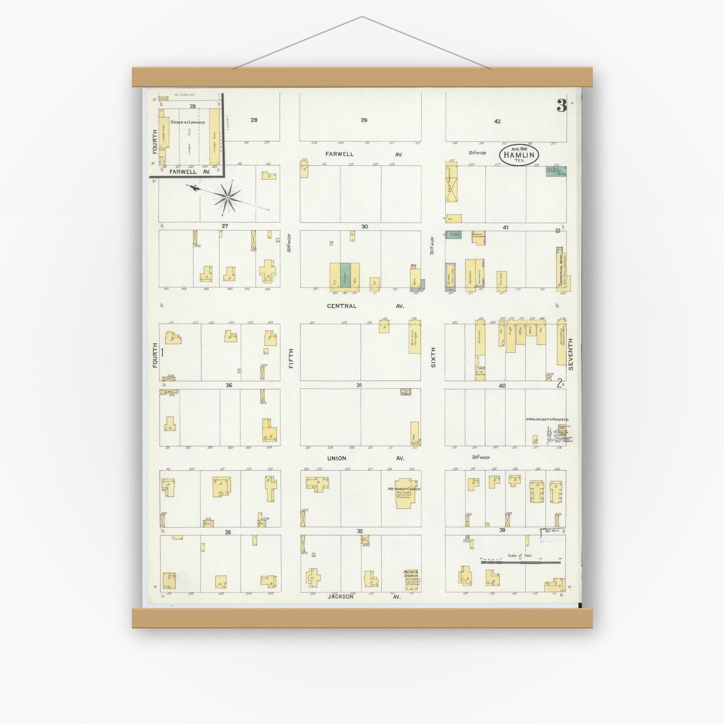 Old map wall art mockup — magnetic wood frame on white wall — Sanborn Fire Insurance Map from Hamlin, Jones County, Texas (1908), Sheet #0003