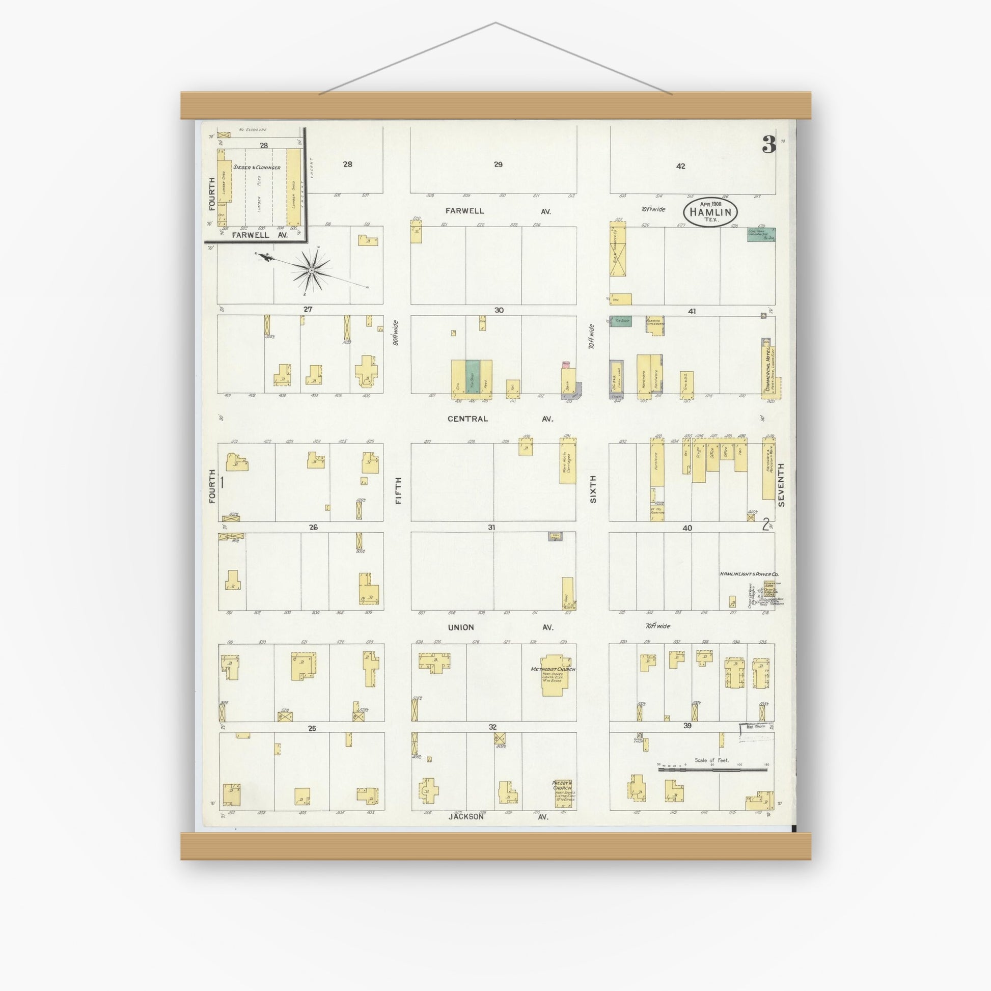 Old map wall art mockup — magnetic wood frame on white wall — Sanborn Fire Insurance Map from Hamlin, Jones County, Texas (1908), Sheet #0003