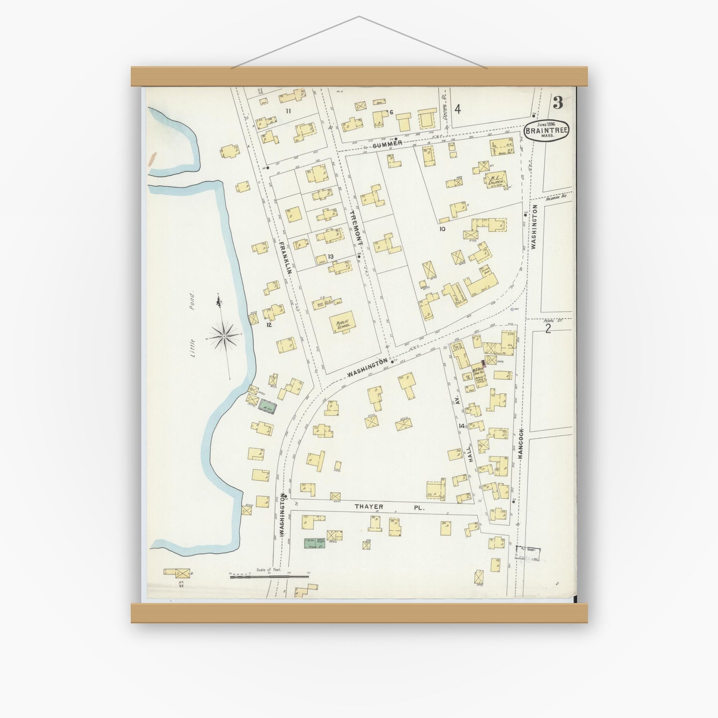 Old map wall art mockup — magnetic wood frame on white wall — Sanborn Fire Insurance Map from Braintree, Norfolk County, Massachusetts (1896), Sheet #0003