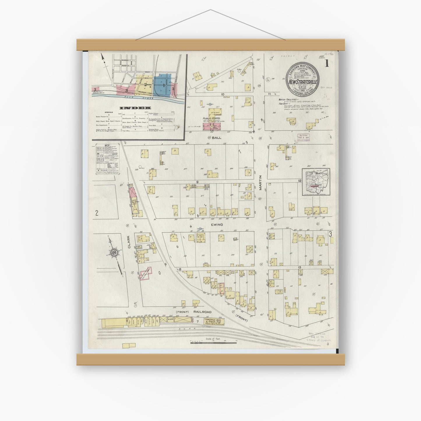 Old map wall art mockup — magnetic wood frame on white wall — Sanborn Fire Insurance Map from New Straitsville, Perry County, Ohio (1913), Sheet #0001