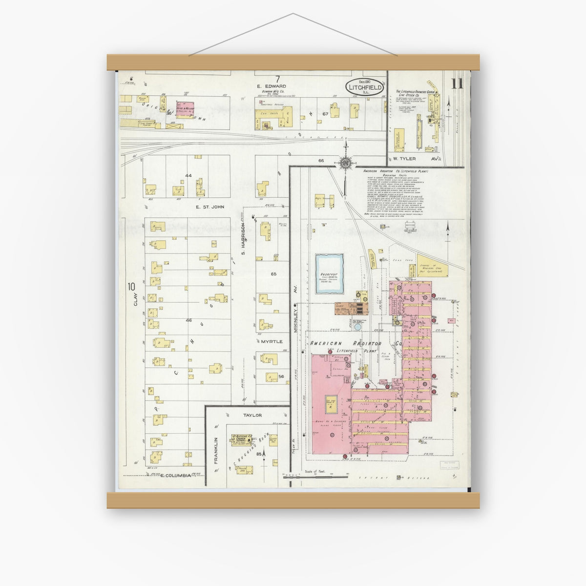 Old map wall art mockup — magnetic wood frame on white wall — Sanborn Fire Insurance Map from Litchfield, Montgomery County, Illinois (1910), Sheet #0011
