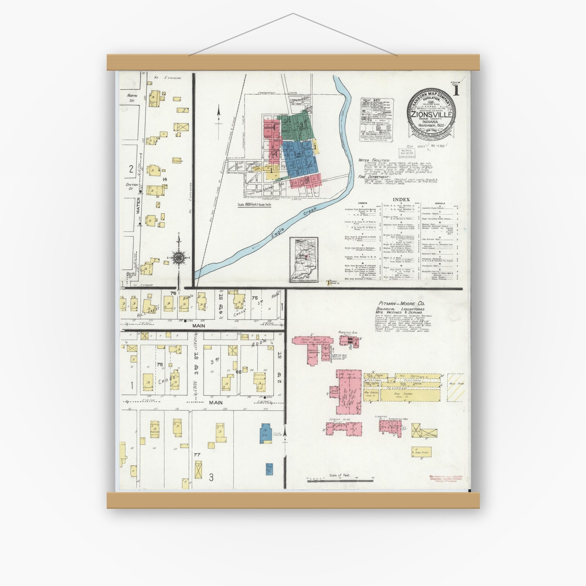 Old map wall art mockup — magnetic wood frame on white wall — Sanborn Fire Insurance Map from Zionsville, Boone County, Indiana (1922) - Complete Map Set