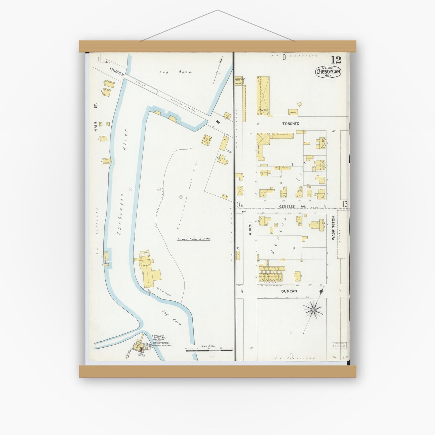 Old map wall art mockup — magnetic wood frame on white wall — Sanborn Fire Insurance Map from Cheboygan, Cheboygan County, Michigan (1900), Sheet #0012