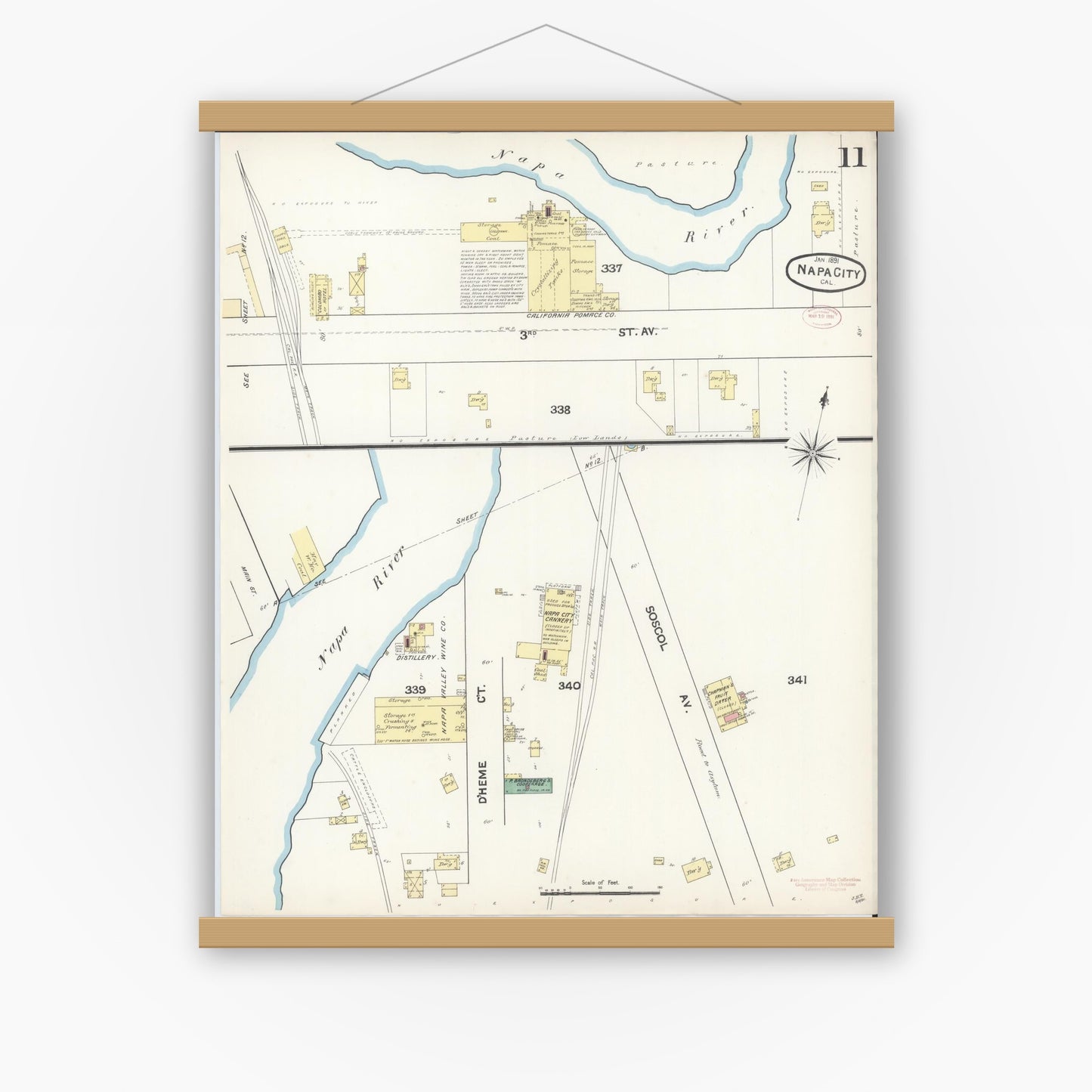 Old map wall art mockup — magnetic wood frame on white wall — Sanborn Fire Insurance Map from Napa, Napa County, California (1891), Sheet #0011