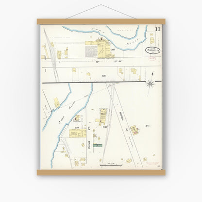 Old map wall art mockup — magnetic wood frame on white wall — Sanborn Fire Insurance Map from Napa, Napa County, California (1891), Sheet #0011