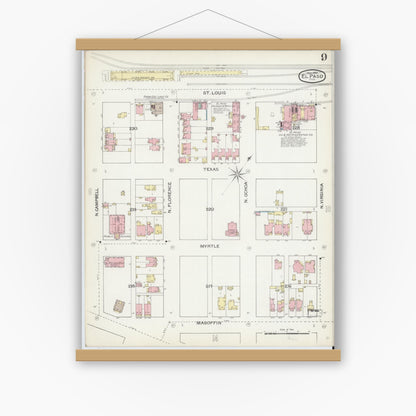 Old map wall art mockup — magnetic wood frame on white wall — Sanborn Fire Insurance Map from El Paso, El Paso County, Texas (1893), Sheet #0009