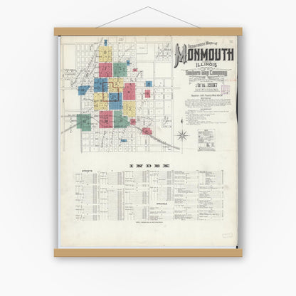 Old map wall art mockup — magnetic wood frame on white wall — Sanborn Fire Insurance Map from Monmouth, Warren County, Illinois (1907) - Complete Map Set