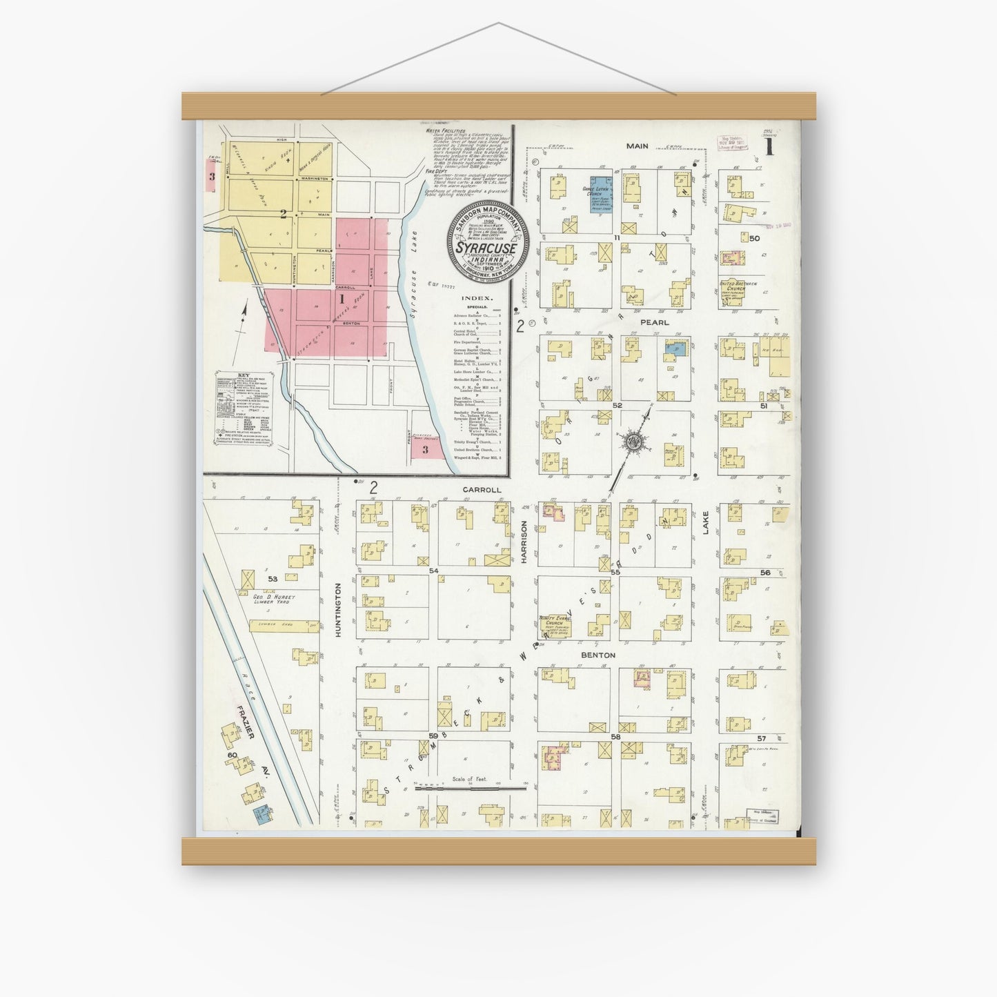 Old map wall art mockup — magnetic wood frame on white wall — Sanborn Fire Insurance Map from Syracuse, Kosciusko County, Indiana (1910) - Complete Map Set