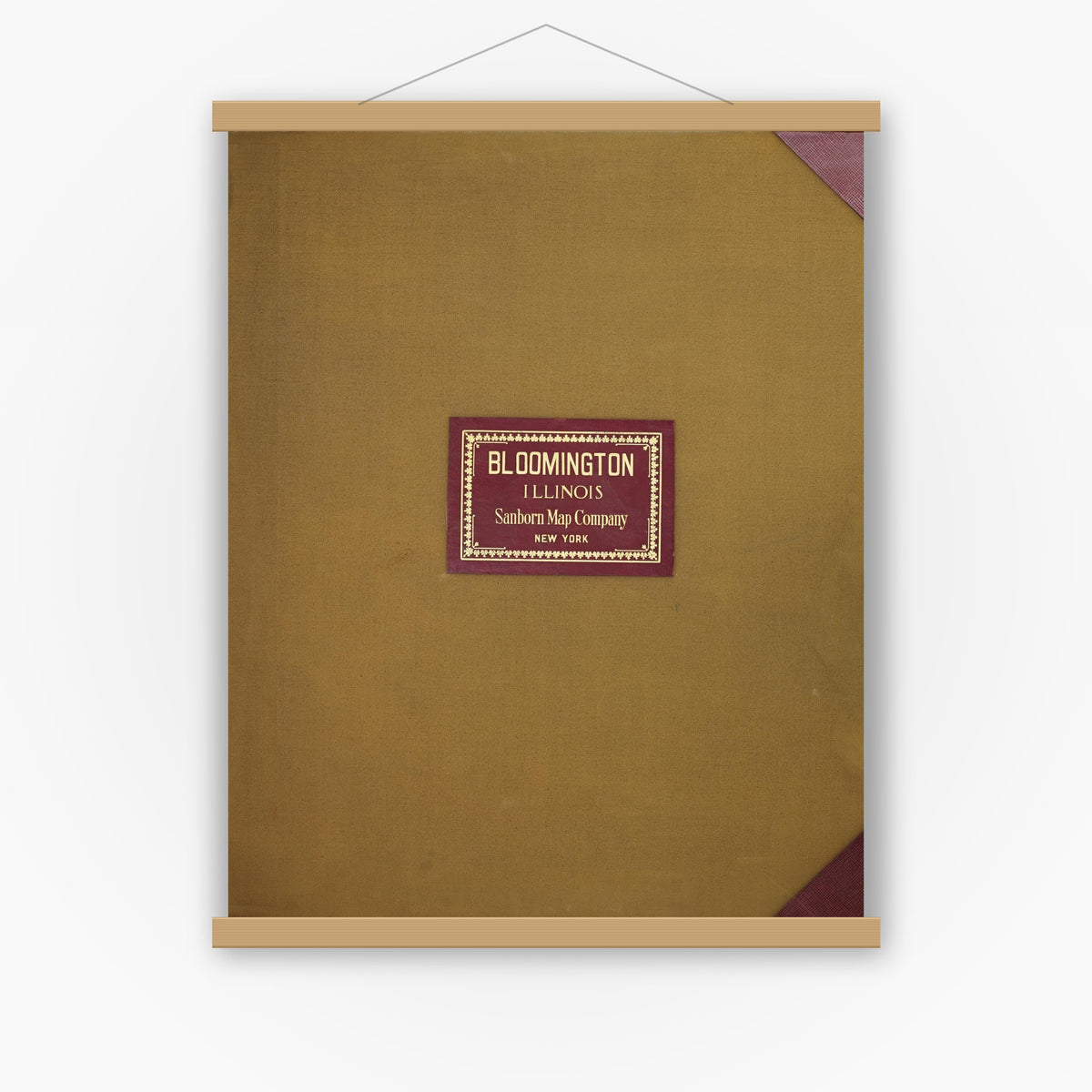Old map wall art mockup — magnetic wood frame on white wall — Sanborn Fire Insurance Map from Bloomington, McLean County, Illinois (1950), Sheet #0001