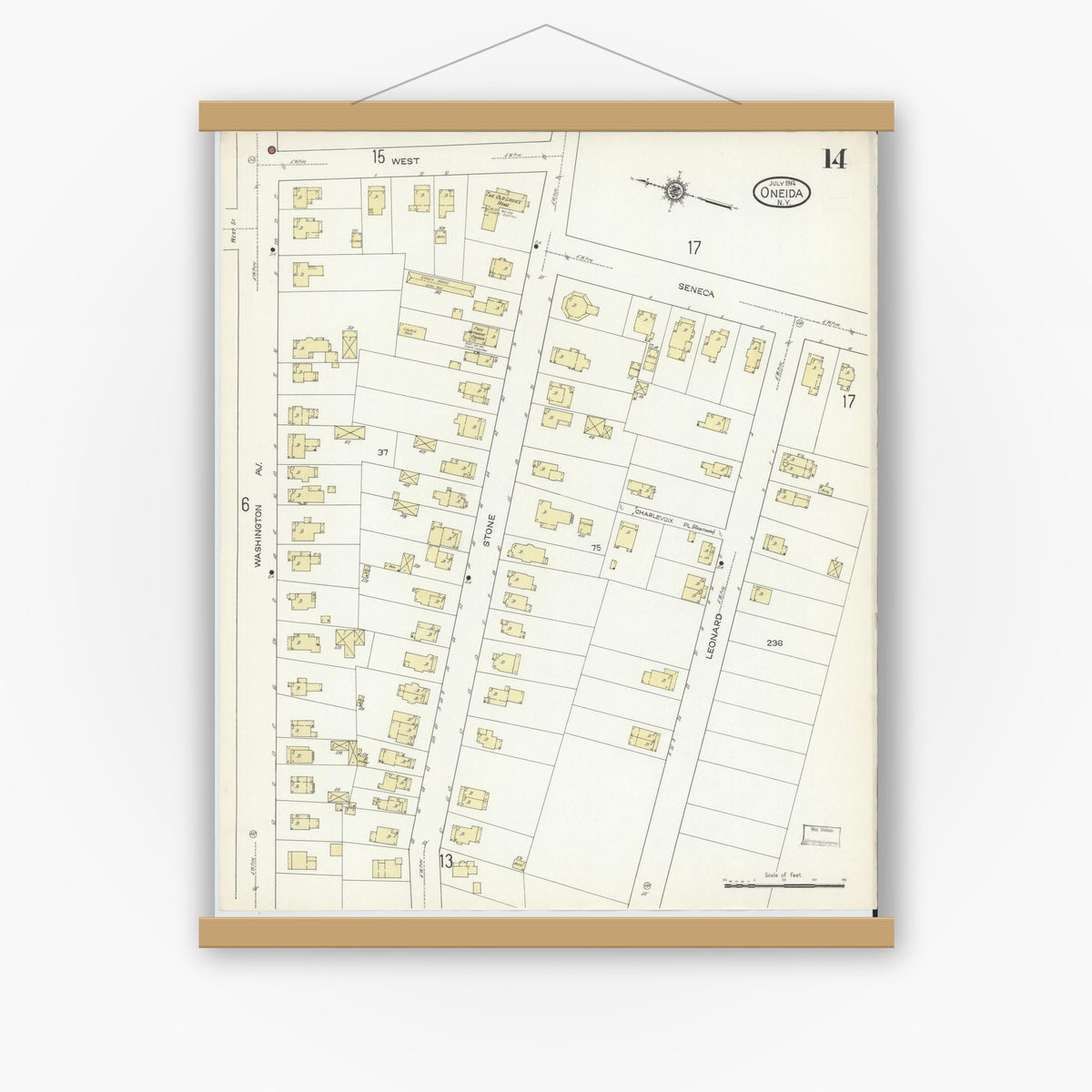 Old map wall art mockup — magnetic wood frame on white wall — Sanborn Fire Insurance Map from Oneida, Madison County, New York (1914), Sheet #0014