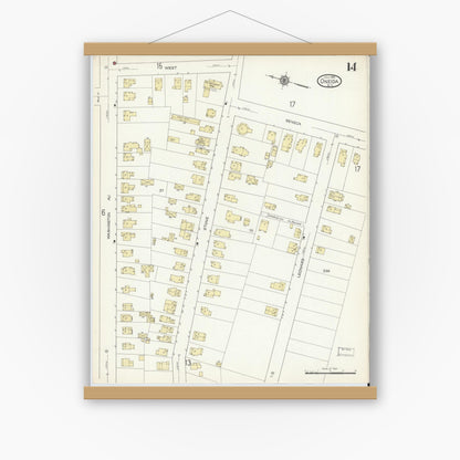 Old map wall art mockup — magnetic wood frame on white wall — Sanborn Fire Insurance Map from Oneida, Madison County, New York (1914), Sheet #0014