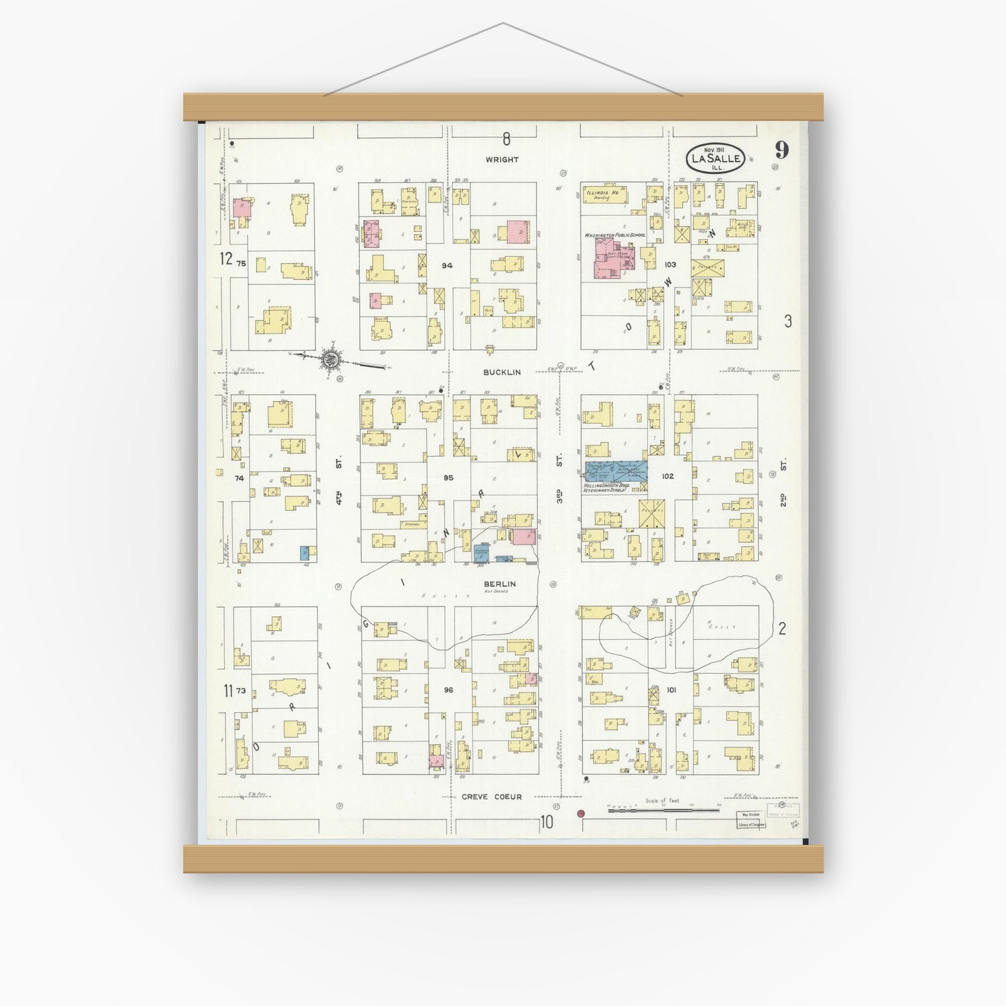 Old map wall art mockup — magnetic wood frame on white wall — Sanborn Fire Insurance Map from La Salle, La Salle County, Illinois (1911), Sheet #0009