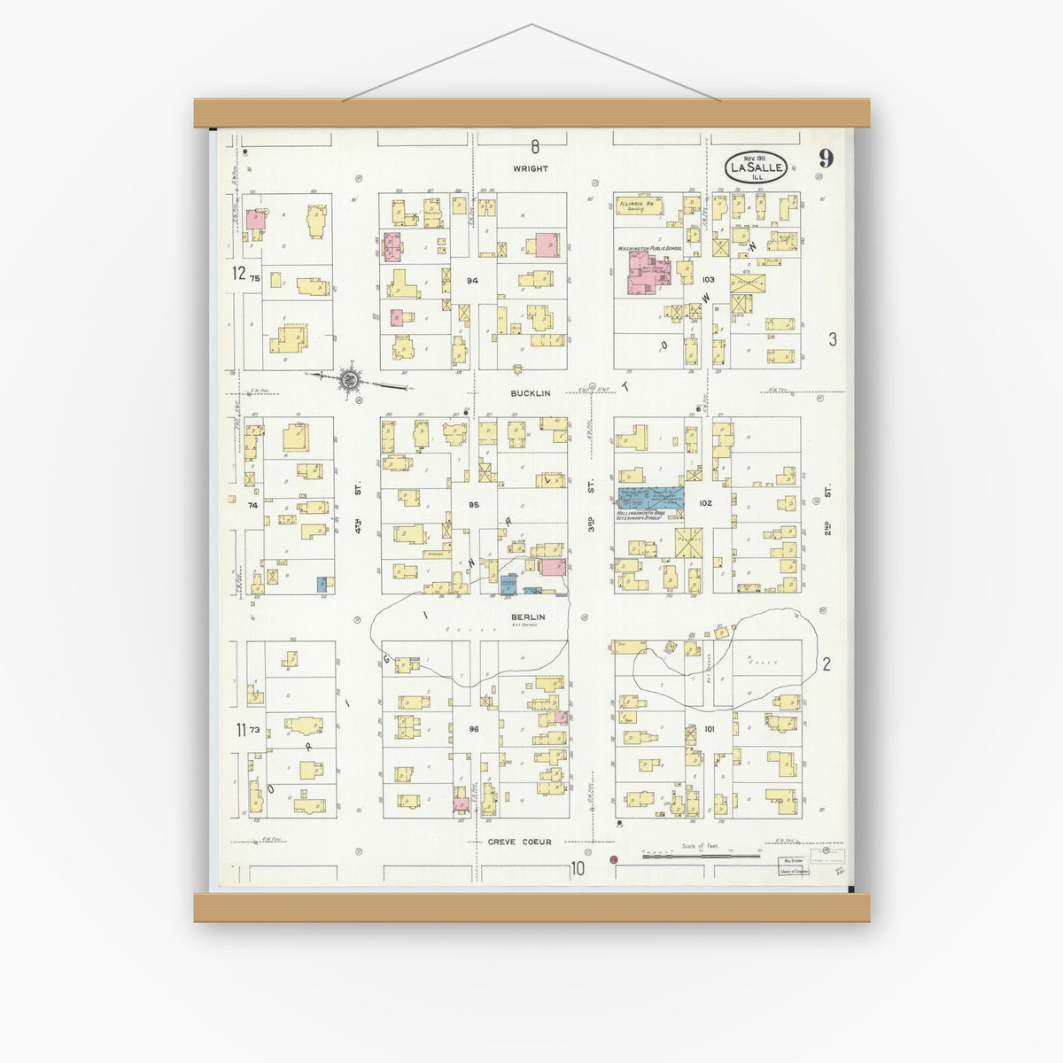 Old map wall art mockup — magnetic wood frame on white wall — Sanborn Fire Insurance Map from La Salle, La Salle County, Illinois (1911), Sheet #0009