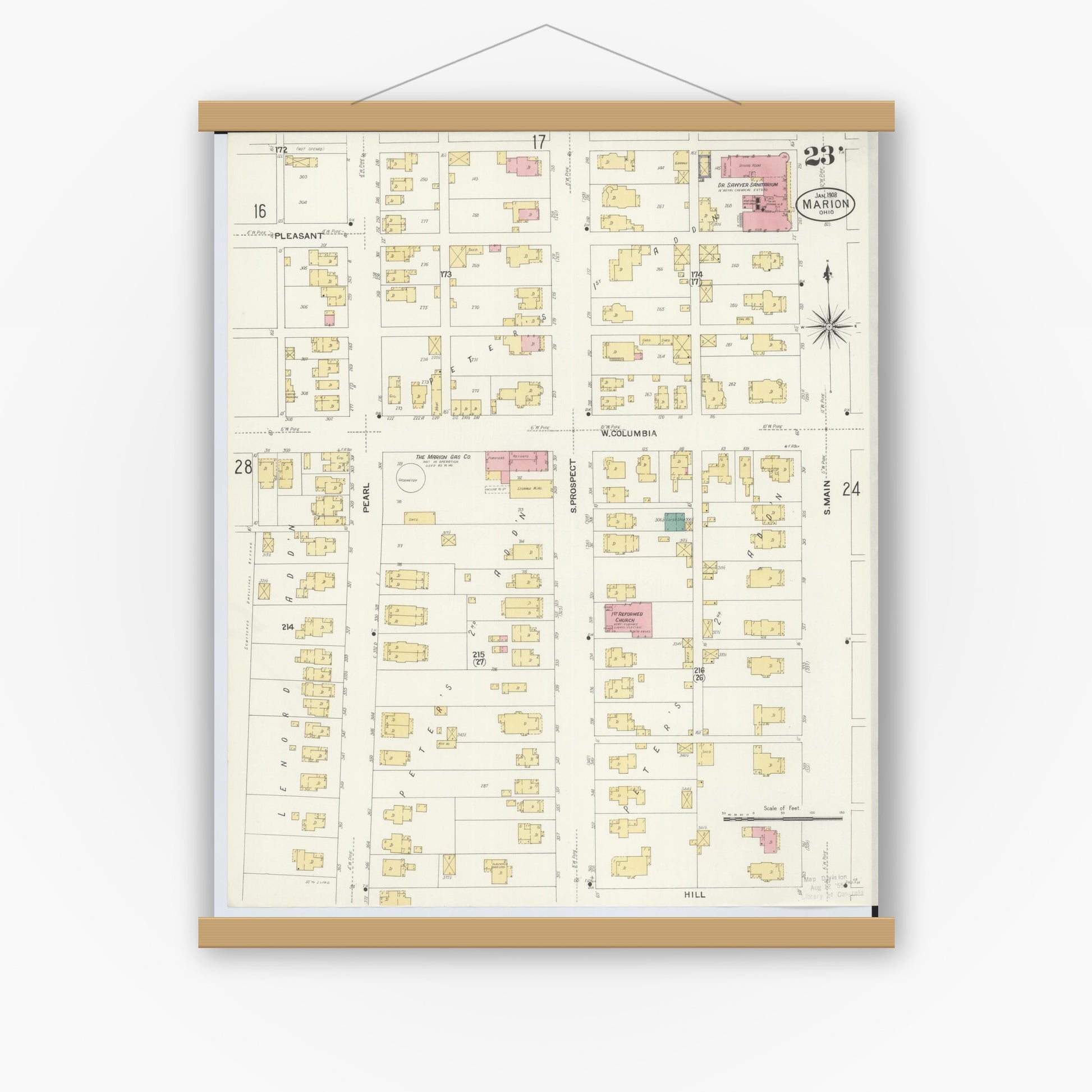 Old map wall art mockup — magnetic wood frame on white wall — Sanborn Fire Insurance Map from Marion, Marion County, Ohio (1908), Sheet #0023
