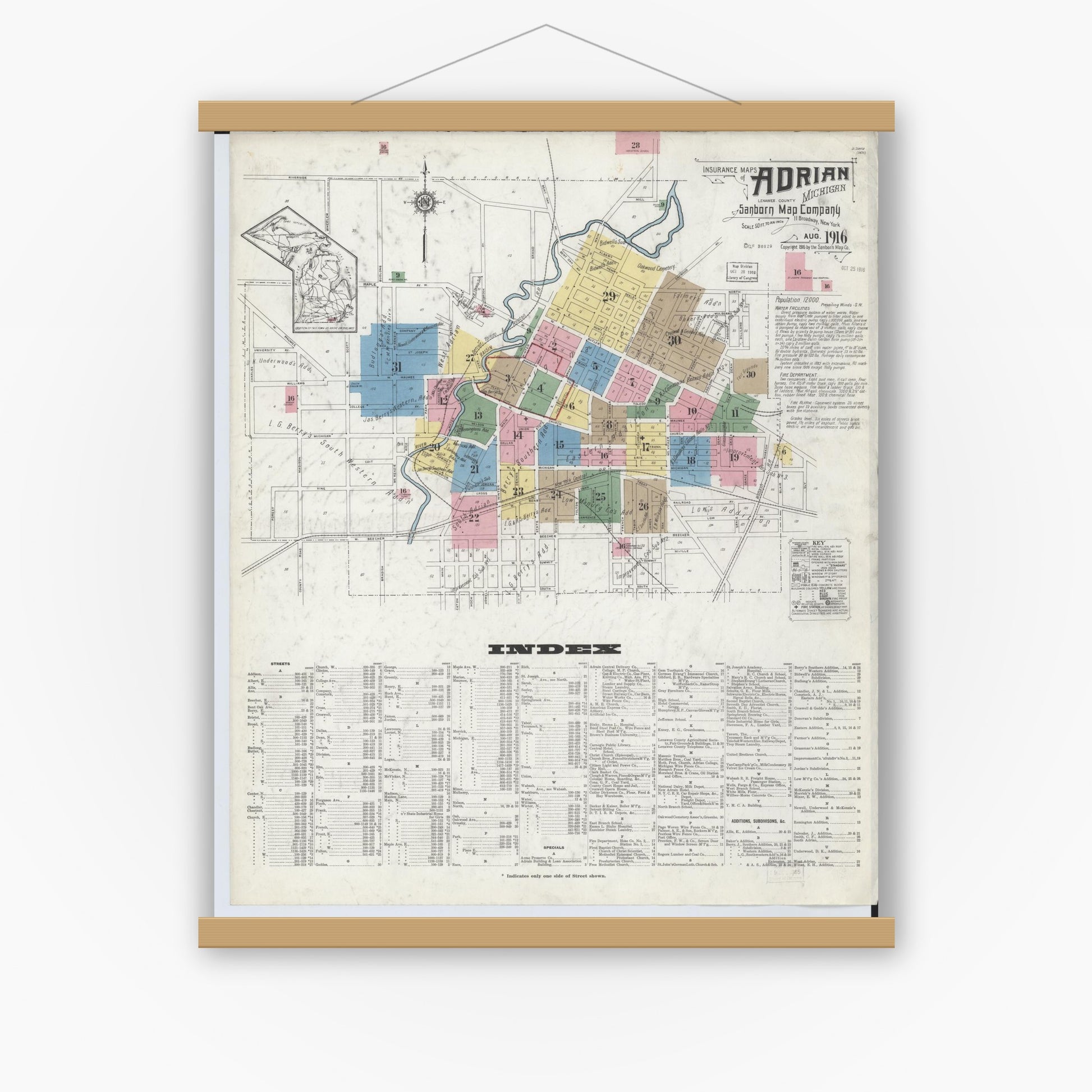 Old map wall art mockup — magnetic wood frame on white wall — Sanborn Fire Insurance Map from Adrian, Lenawee County, Michigan (1916) - Complete Map Set