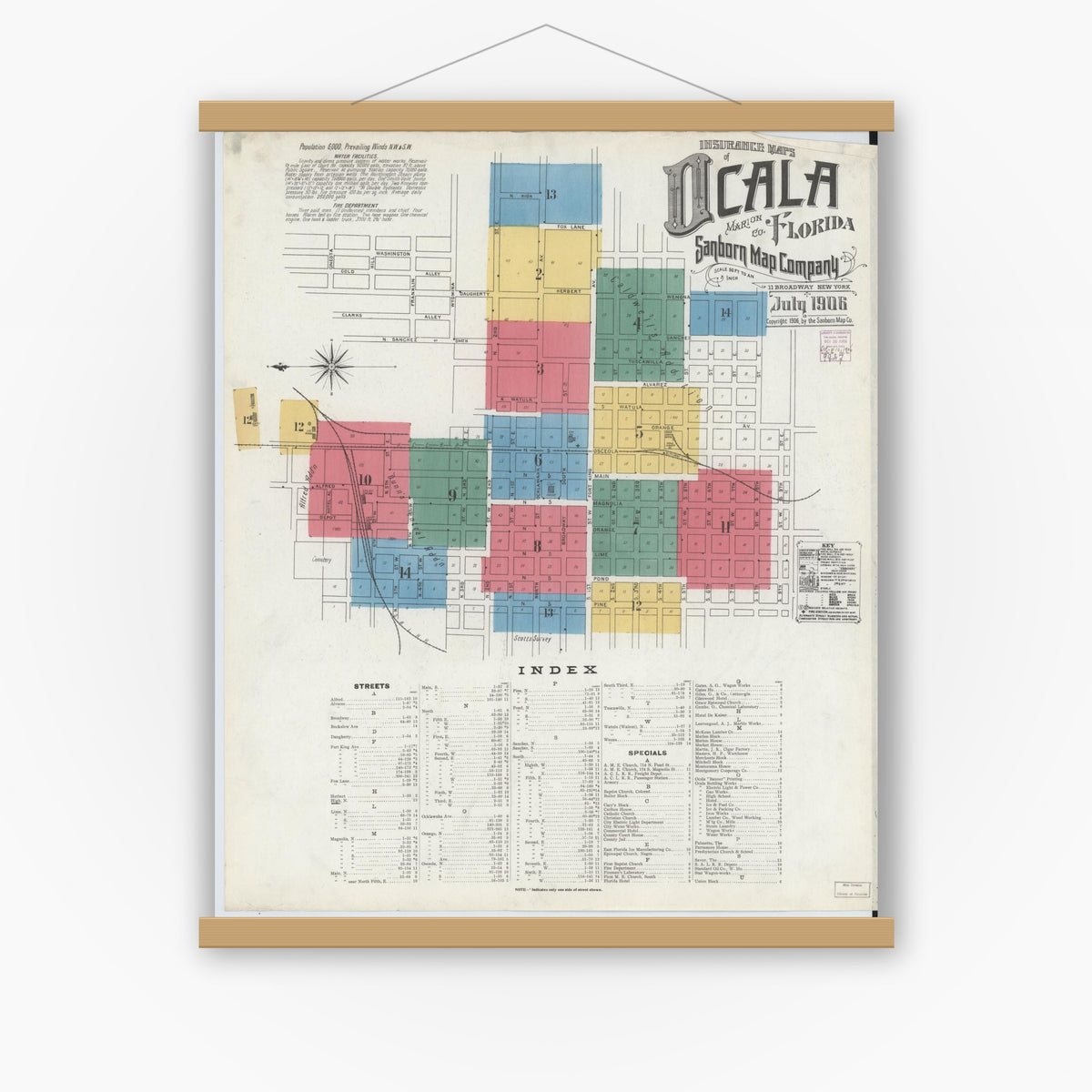 Old map wall art mockup — magnetic wood frame on white wall — Sanborn Fire Insurance Map from Ocala, Marion County, Florida (1906), Sheet #0001