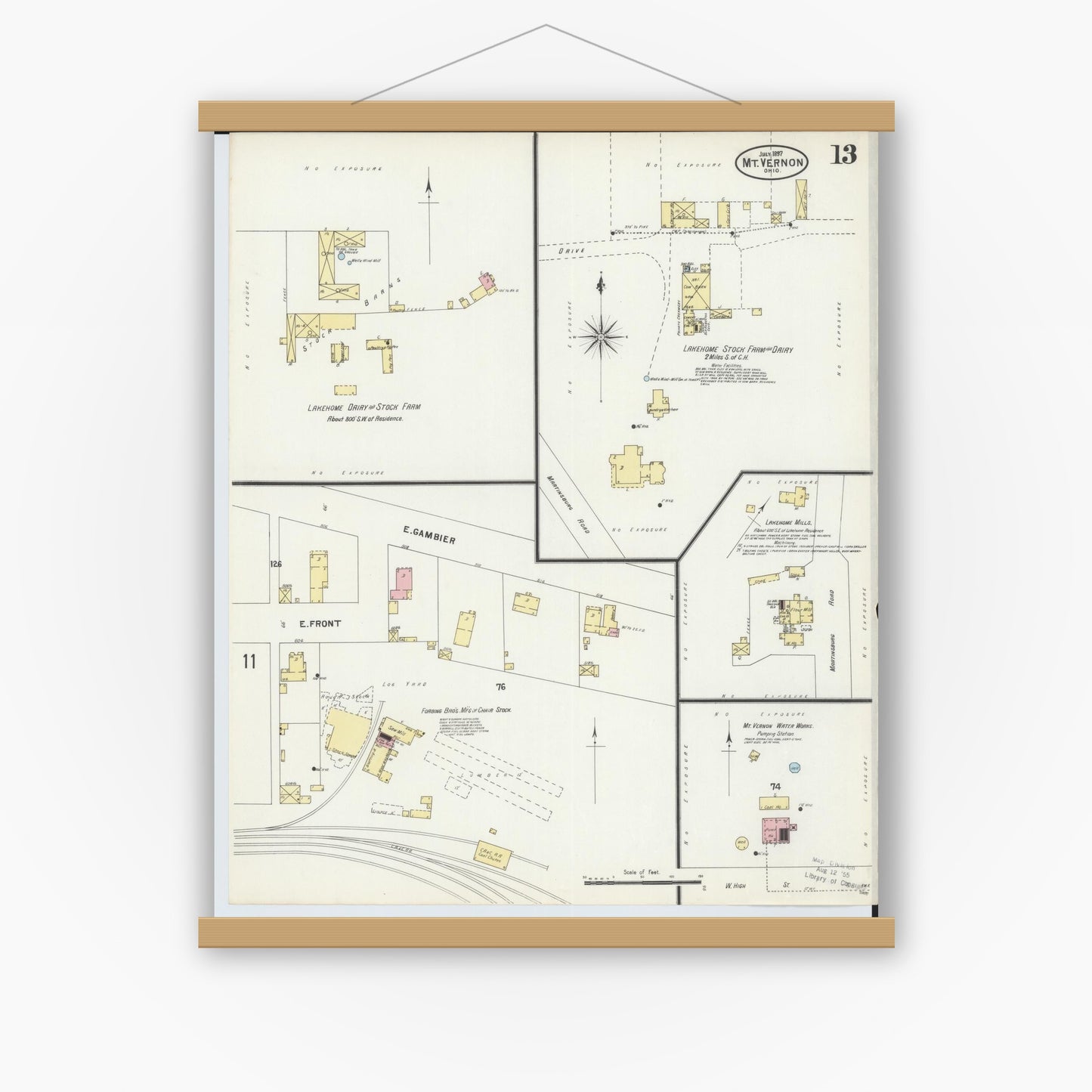 Old map wall art mockup — magnetic wood frame on white wall — Sanborn Fire Insurance Map from Mount Vernon, Knox County, Ohio (1897), Sheet #0013