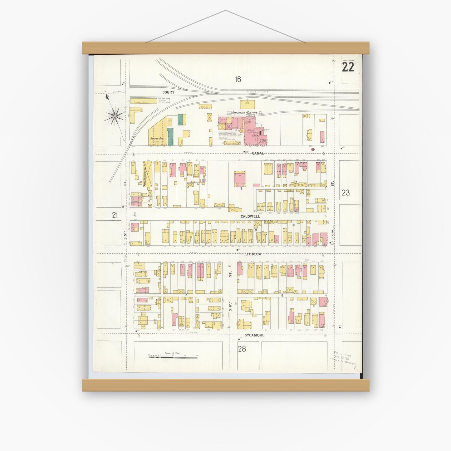 Old map wall art mockup — magnetic wood frame on white wall — Sanborn Fire Insurance Map from Hamilton, Butler County, Ohio (1899), Sheet #0022