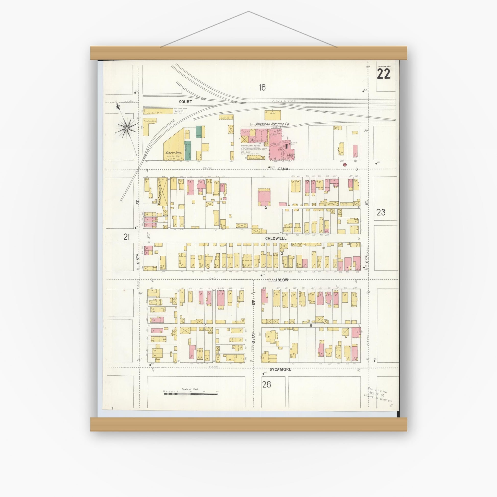 Old map wall art mockup — magnetic wood frame on white wall — Sanborn Fire Insurance Map from Hamilton, Butler County, Ohio (1899), Sheet #0022