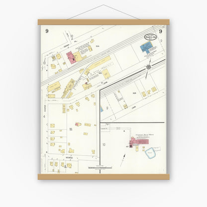 Old map wall art mockup — magnetic wood frame on white wall — Sanborn Fire Insurance Map from Babylon, Suffolk County, New York (1923), Sheet #0009