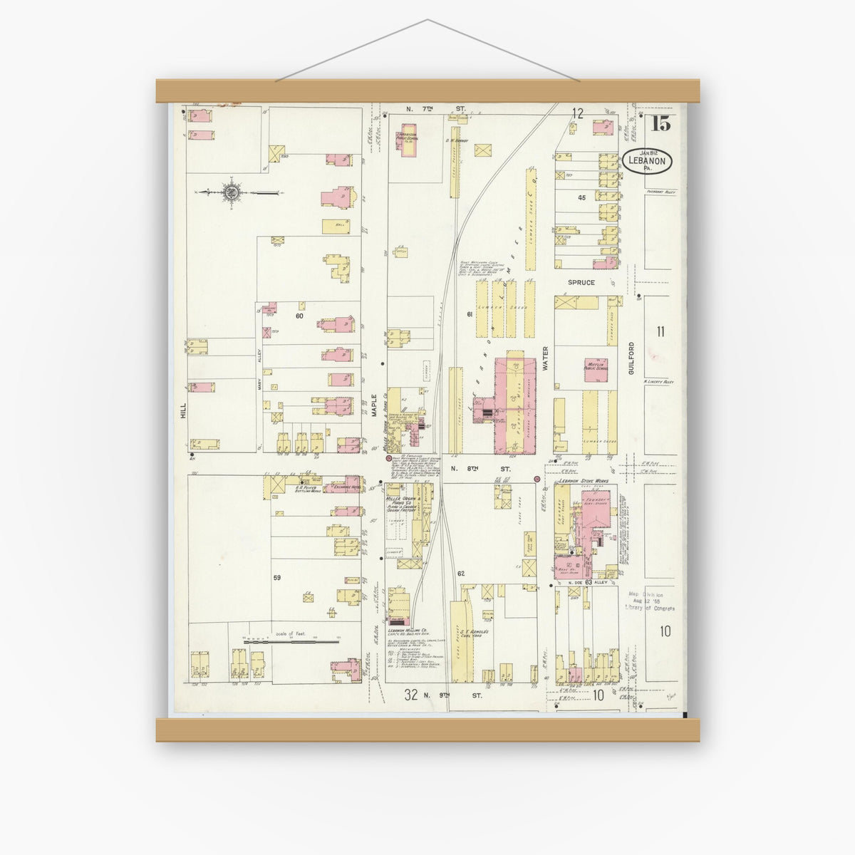 Old map wall art mockup — magnetic wood frame on white wall — Sanborn Fire Insurance Map from Lebanon, Lebanon County, Pennsylvania (1912), Sheet #0015