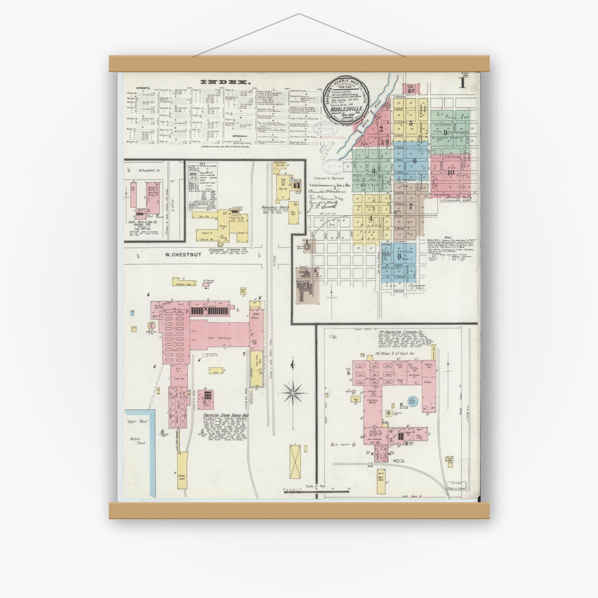 Old map wall art mockup — magnetic wood frame on white wall — Sanborn Fire Insurance Map from Noblesville, Hamilton County, Indiana (1898) - Complete Map Set