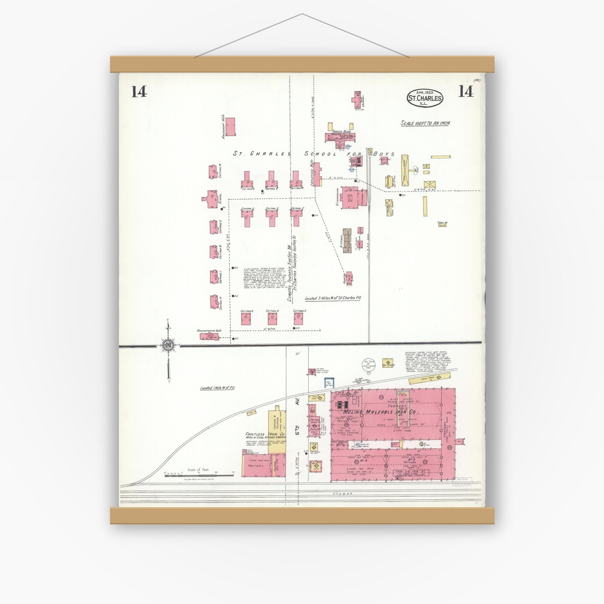 Old map wall art mockup — magnetic wood frame on white wall — Sanborn Fire Insurance Map from Saint Charles, Kane County, Illinois (1923), Sheet #0014